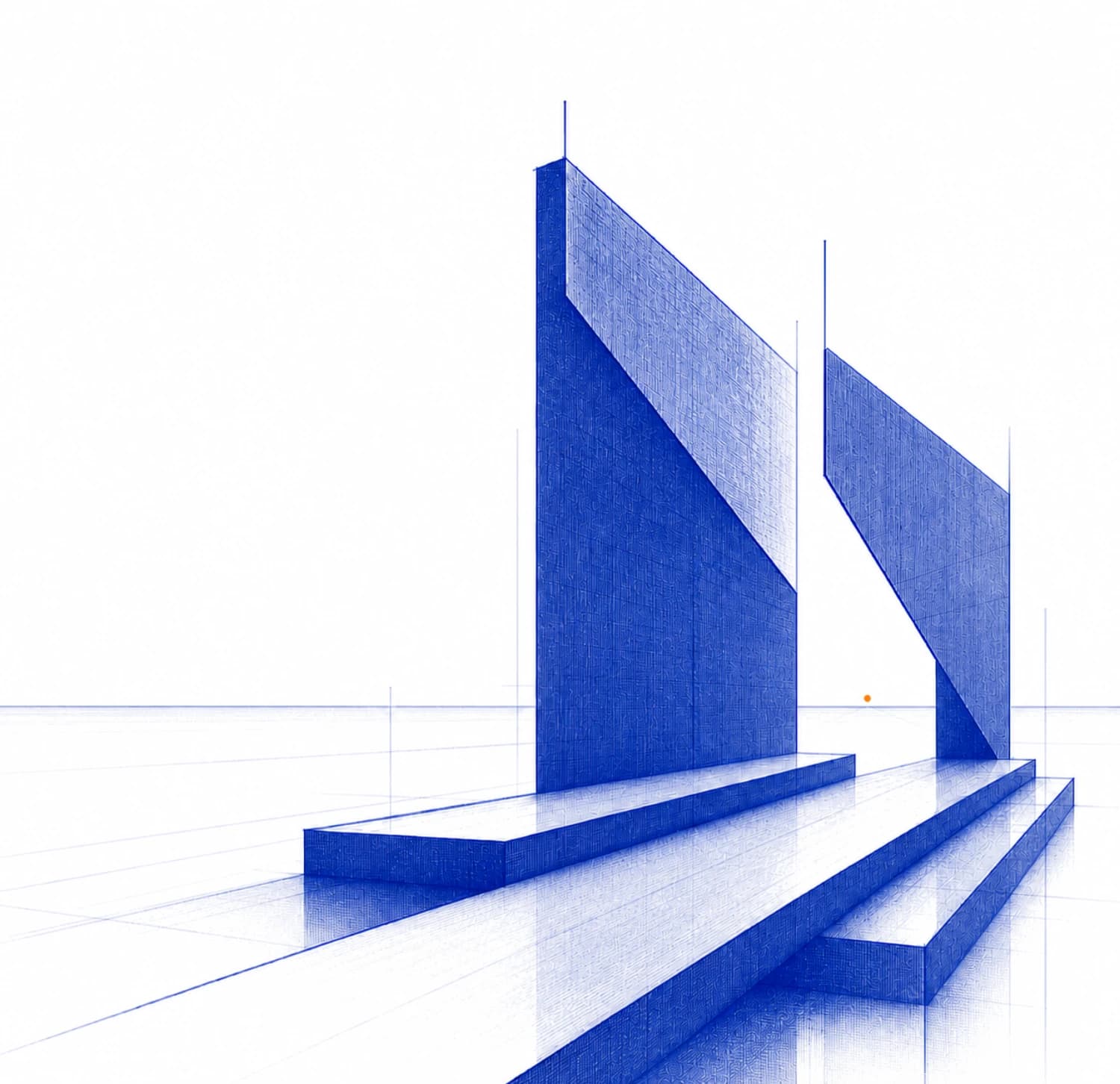 Two precise blue architectural thresholds frame a small orange signal on a white horizon.