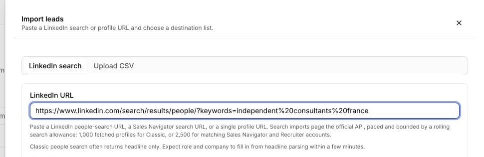 Add leads drawer with LinkedIn search selected and a synthetic people-search URL.