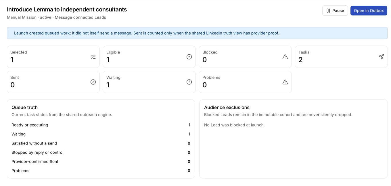 Manual Mission showing selected and eligible Leads, task counts, queue truth, and audience exclusions.