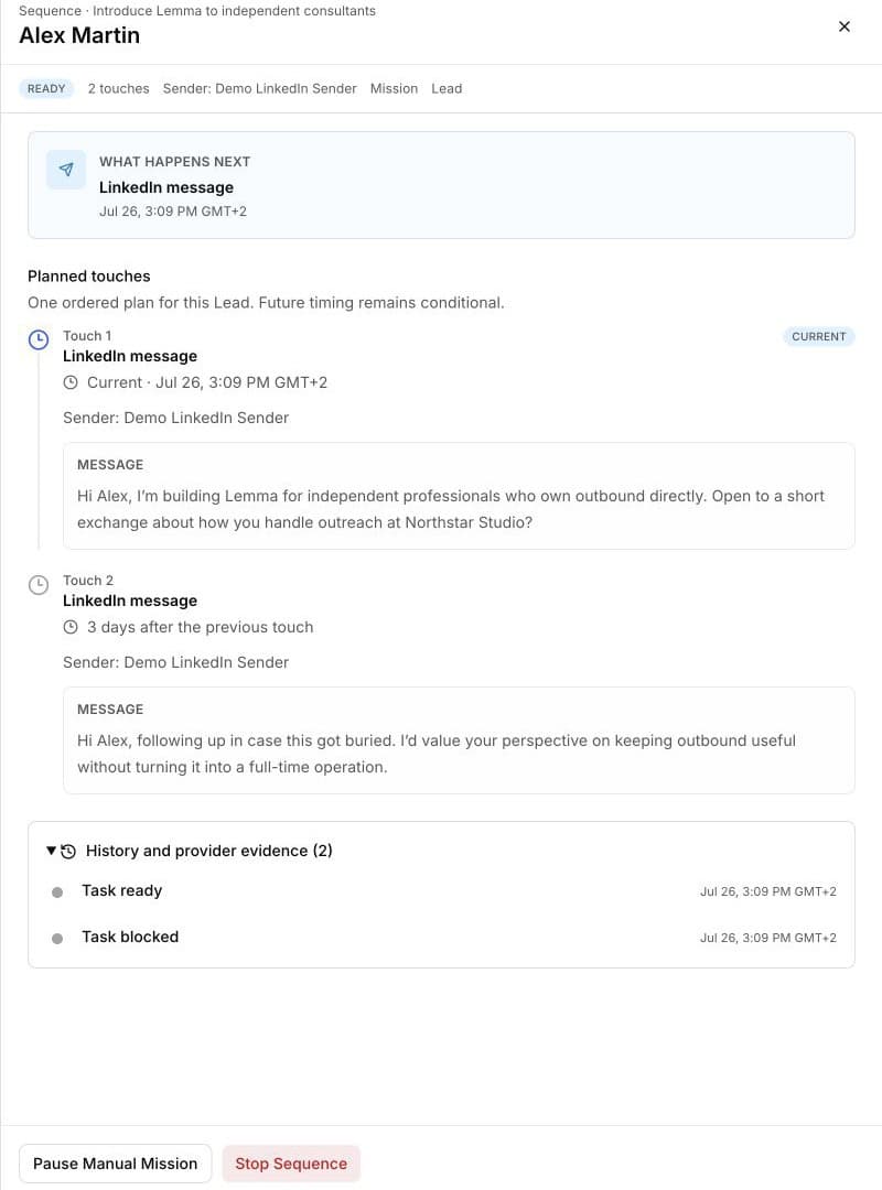 Manual Sequence detail showing the next LinkedIn message, ordered touches, history, provider evidence, and available controls.