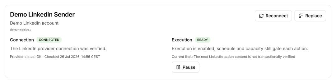 Lemma Sender settings showing the LinkedIn identity, readiness, schedule, targets, and effective limits.