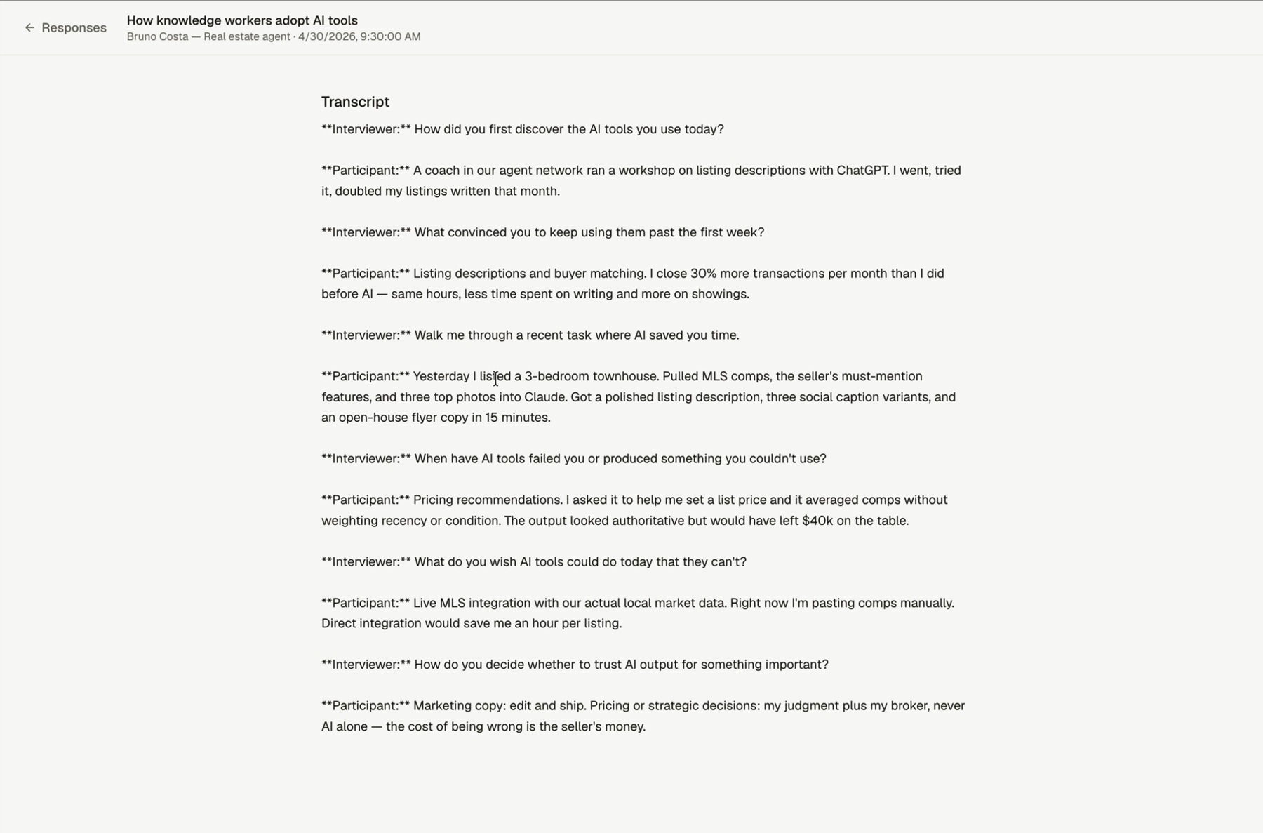 A Lemma transcript showing interviewer and participant turns.