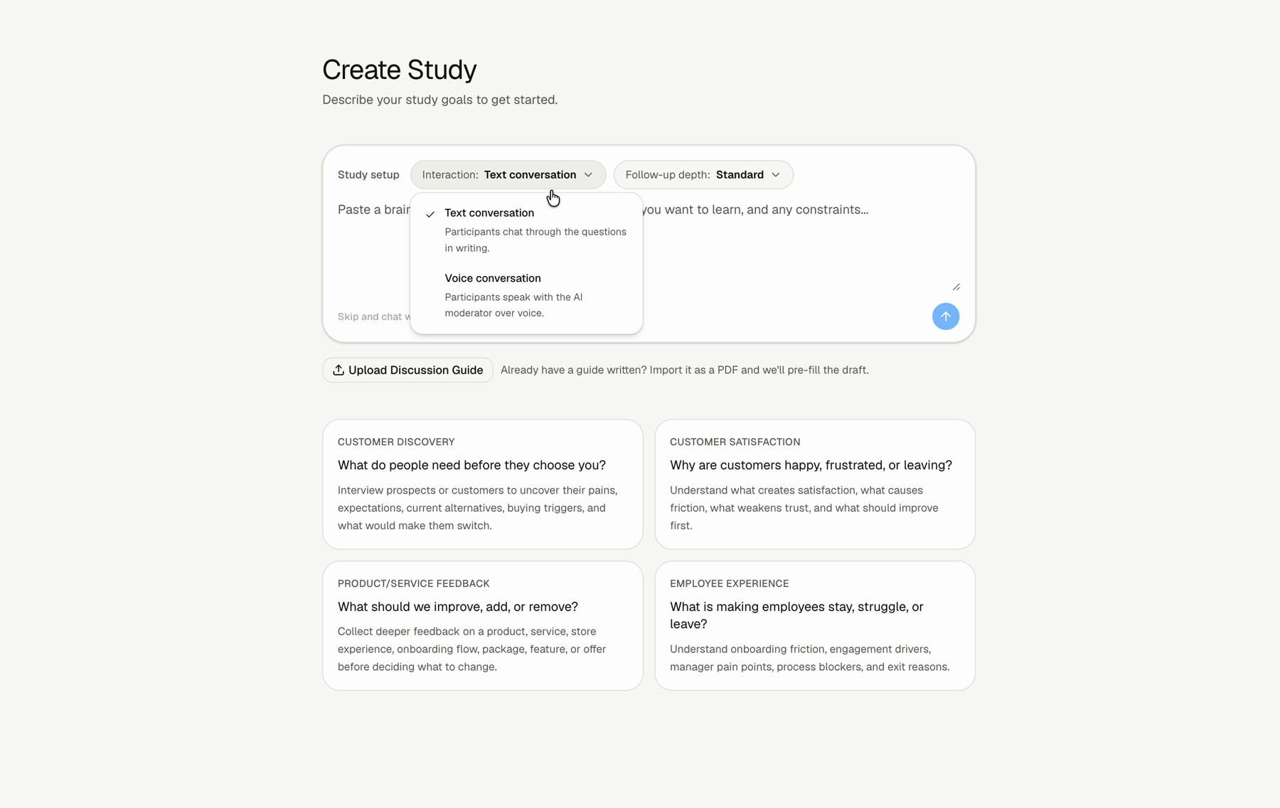 The interaction format menu on the New Study screen.