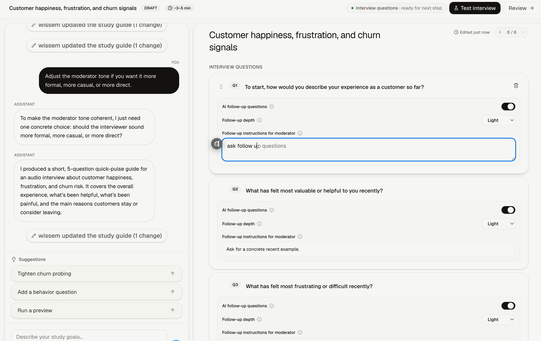 Follow-up settings for a study question.