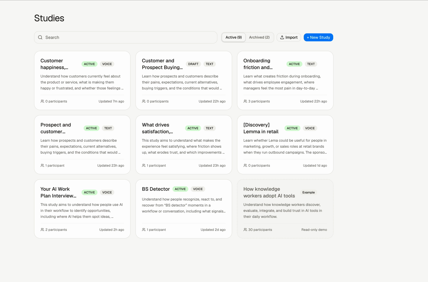 The Lemma Studies dashboard.