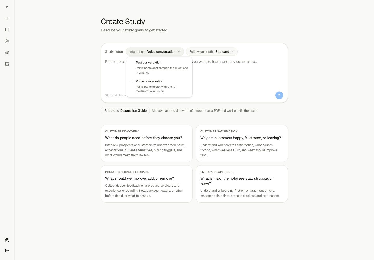 The Lemma study format menu with text conversation and voice conversation options.