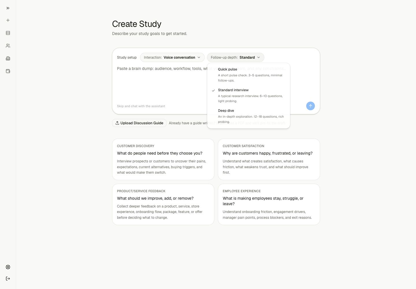 The Lemma follow-up depth menu showing Quick pulse, Standard interview, and Deep dive.